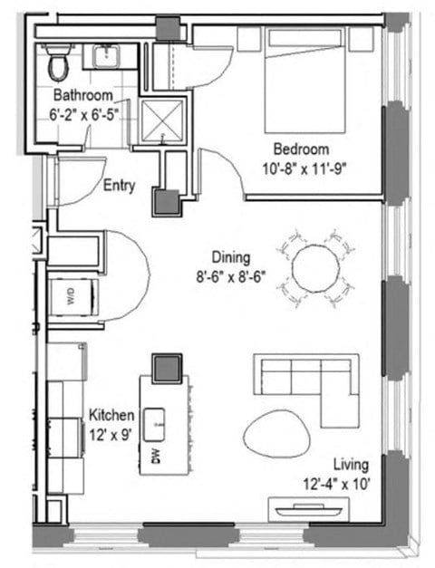 Floor plan for 1 bed, 1 bath, 610 sqft